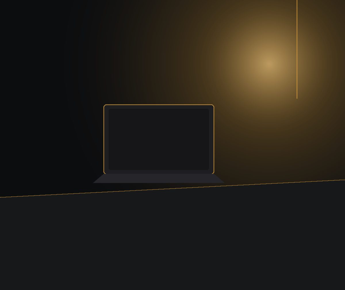 Minimal dark workspace with gold accent lighting